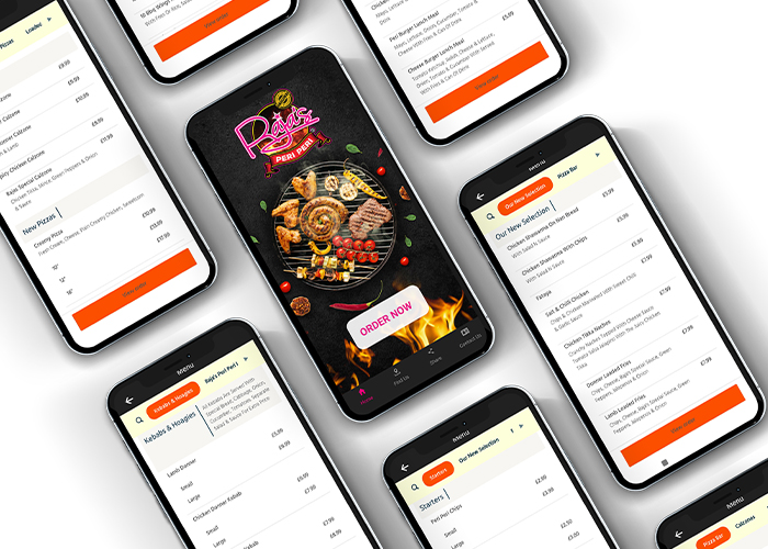 Smartphones displaying  Raja's Peri Peri food delivery app menu.